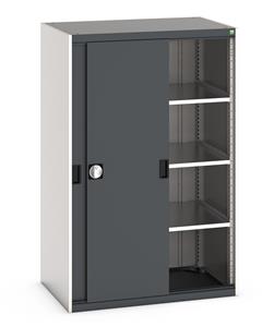 Bott cubio cupboard with lockable sliding doors 1600mm high x 1050mm wide x 650mm deep and supplied with 3 x 100kg capacity shelves.   Ideal for areas with limited space where standard outward opening doors would not be suitable. ... Bott Cubio Sliding Solid Door Cupboards with shelves and drawers 1600mm high option available